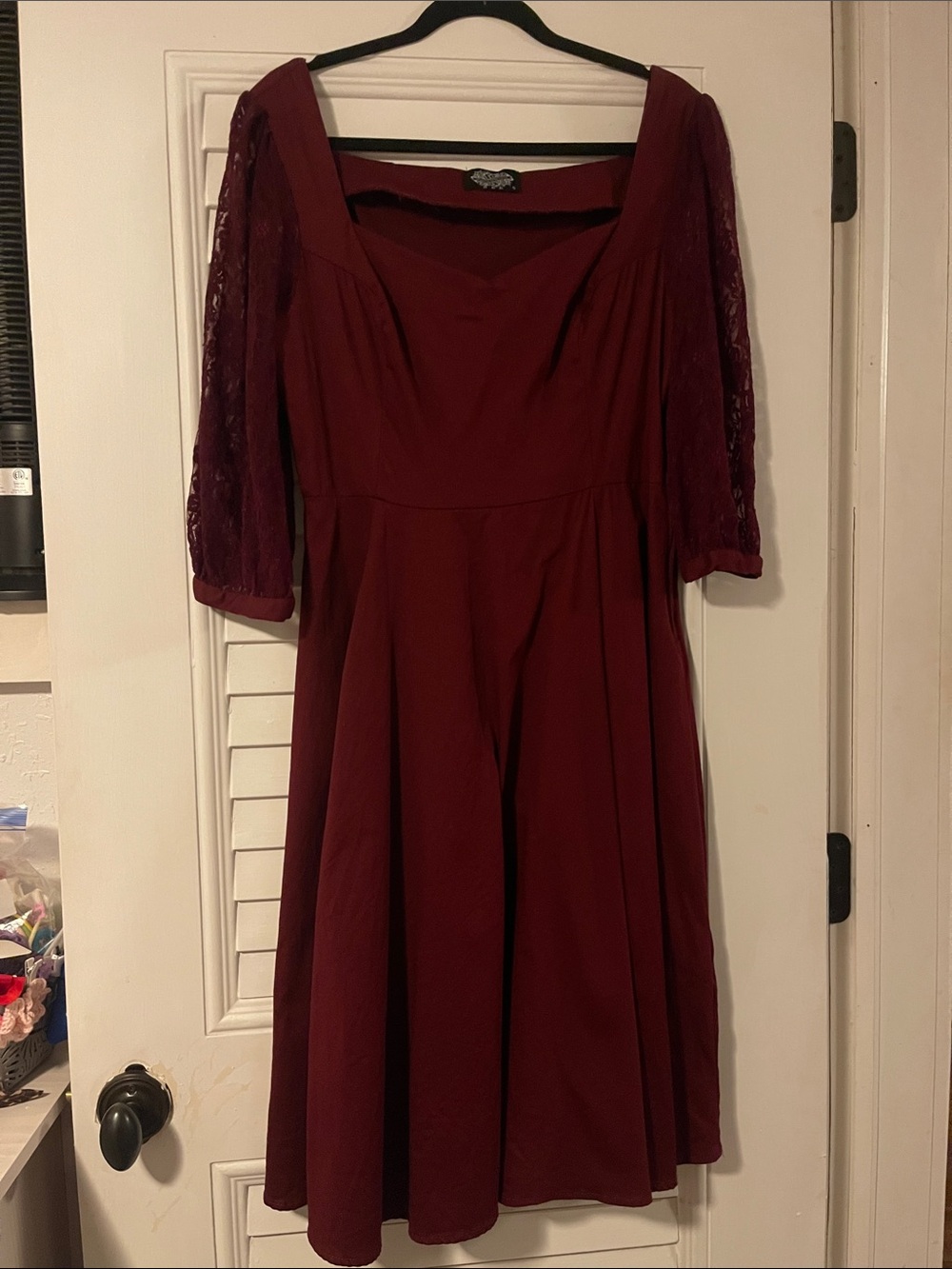 Women's Burgundy Lace-Sleeve Midi Dress